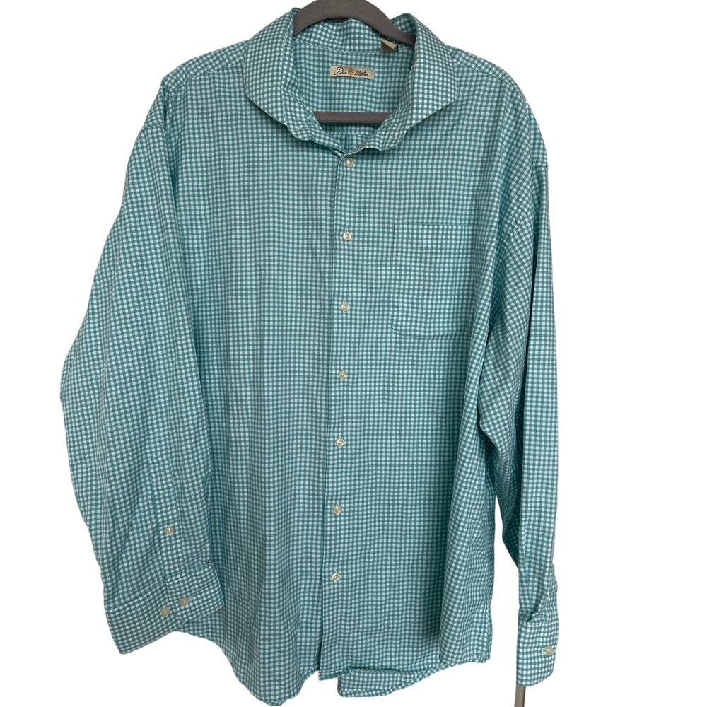 Peter Millar Men's GinghamTeal & White Long Sleeve Button-Up Shirt, Size XXL,EUC